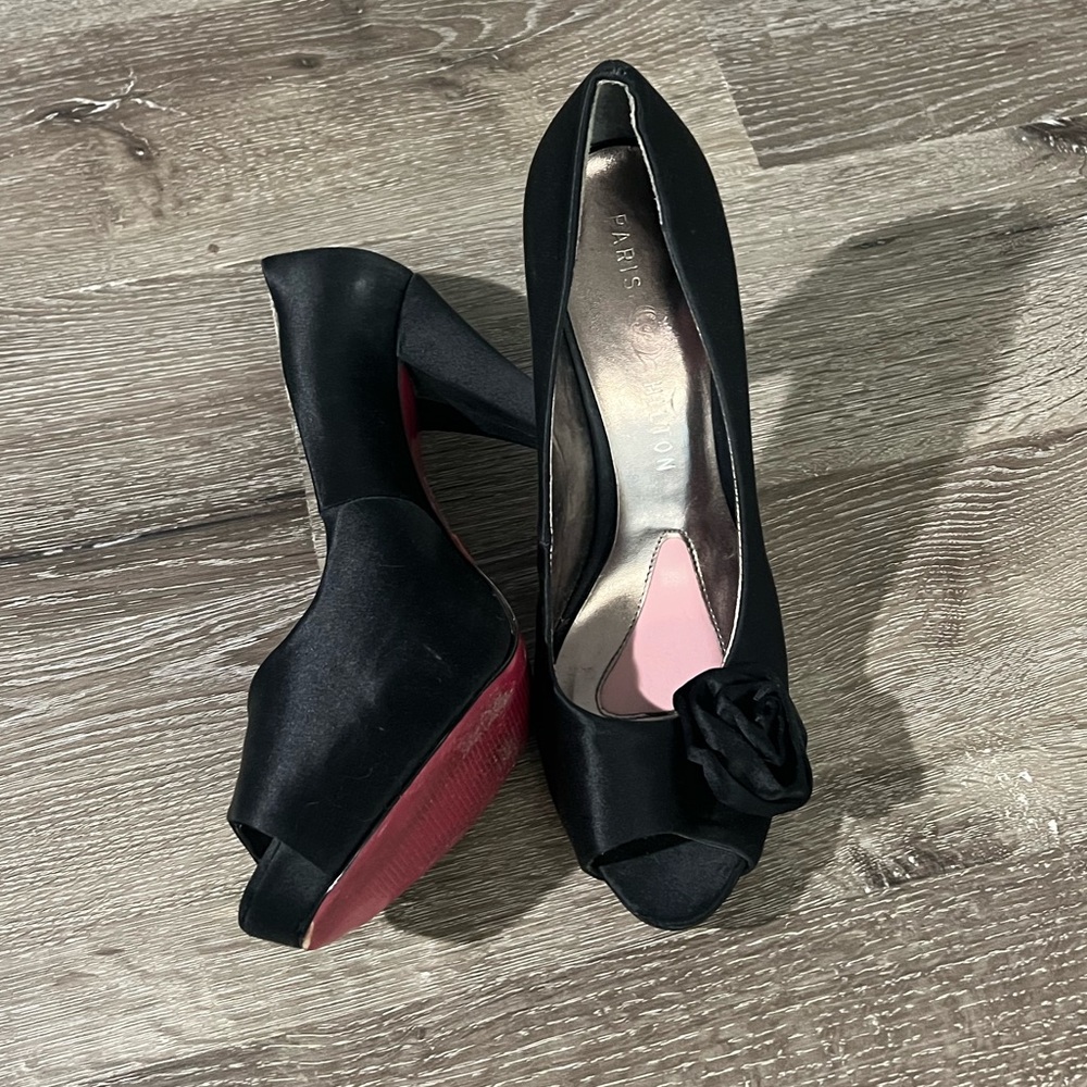 Paris Hilton Black Satin Peep-Toe Heels with Rosette Accent